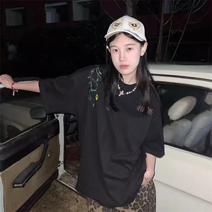 万针全刺绣工艺 高品质260克纯棉双纱美式宽松百搭短袖T恤 特P33图片