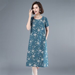 2021年夏季中长款通勤A字裙旗袍妈妈装连衣裙印花圆领套头裙子,女装连衣裙,伊满意