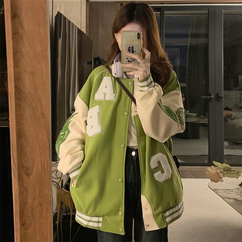 字母刺绣美式复古棒球服女秋重磅情侣夹克宽松学生外套 C807-P110图片