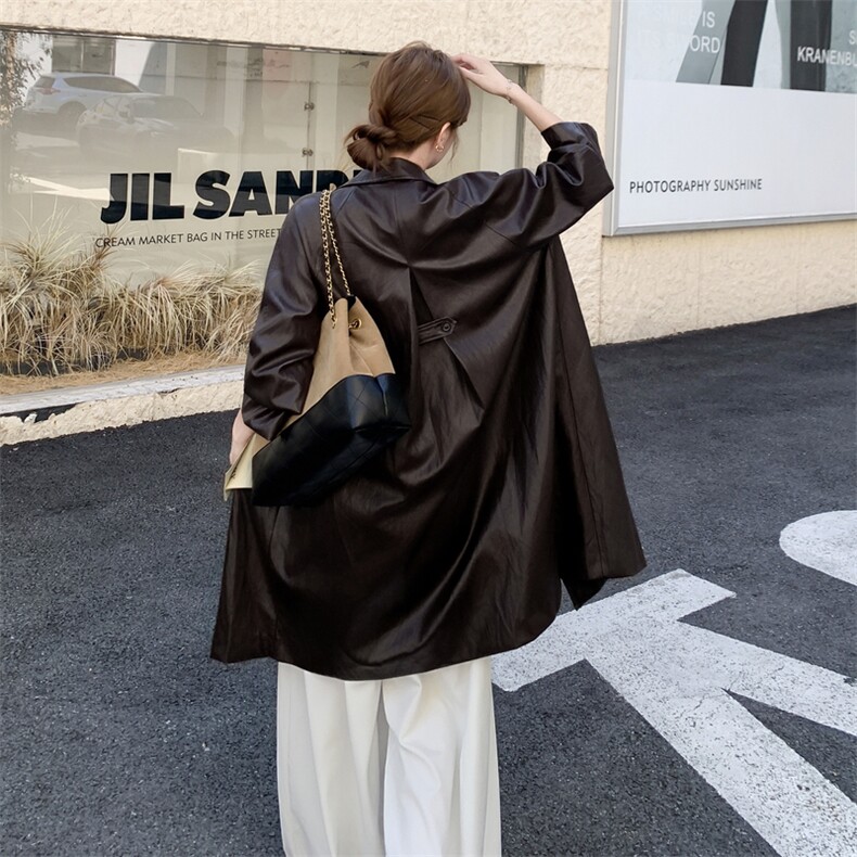 深棕色复古高级感气质皮衣外套女2025秋美式又酷又飒时尚翻领大衣,女装皮衣,2C176