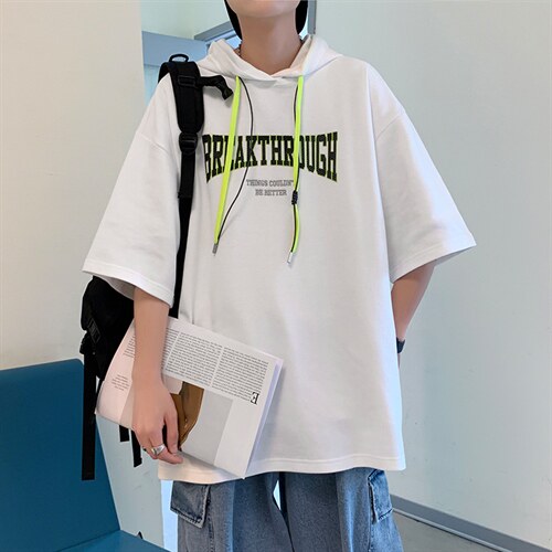 新款优品男士短袖连帽抽绳发泡印花T恤宽松上衣ZDL3207-P53图片