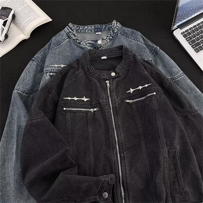 复古水洗垫肩短款拼接牛仔外套男女做旧夹克潮3123P65，男装工装外套，星座410-2