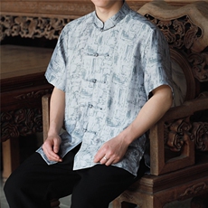 D4211^新中式盘扣衬衫唐装一字扣短袖T风半袖男上衣，男装T恤，钱塘777(原3023)