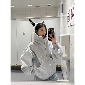 抖音得物高品质 26春装美式高街铆钉杜宾犬耳朵开衫卫衣外套W125图片