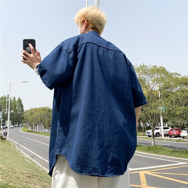 水洗做旧宽松牛仔短袖衬衫美式复古男趣味卡通刺绣上衣LM981-P52,男装衬衫,星座1008