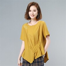 2021夏季新款时尚气质圆领绣花褶皱短袖上衣图片