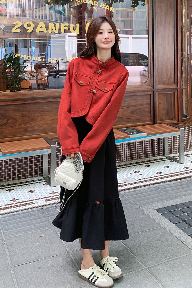 红色牛仔外套配连衣裙女2025早春新款漂亮独特减龄背心裙两件套装,女装套装/套裙,浪娴服饰