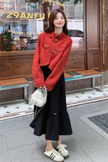 红色牛仔外套配连衣裙女2025早春新款漂亮独特减龄背心裙两件套装，女装套装/套裙，浪娴服饰