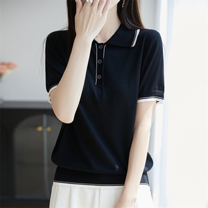polo领拼色短袖2025夏季新款减龄t恤女士洋气别致上衣服图片
