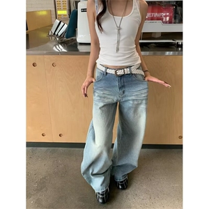 春秋季牛仔裤美式复古辣妹弯刀牛仔裤水洗直筒做旧刺绣宽松裤子潮图片