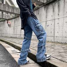 牛仔裤男春季水洗复古做旧裤子潮牌ins美式高街宽松直筒裤子，男装牛仔裤，星座716-4