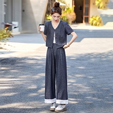 牛仔套装女2025夏季新款韩系小香风气质蕾丝九分阔腿裤穿搭一整套，女装套装/套裙，布芭啦