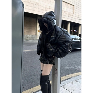 大毛领连帽小众设计感P棉服男冬季加厚外套朋克皮夹克M8033