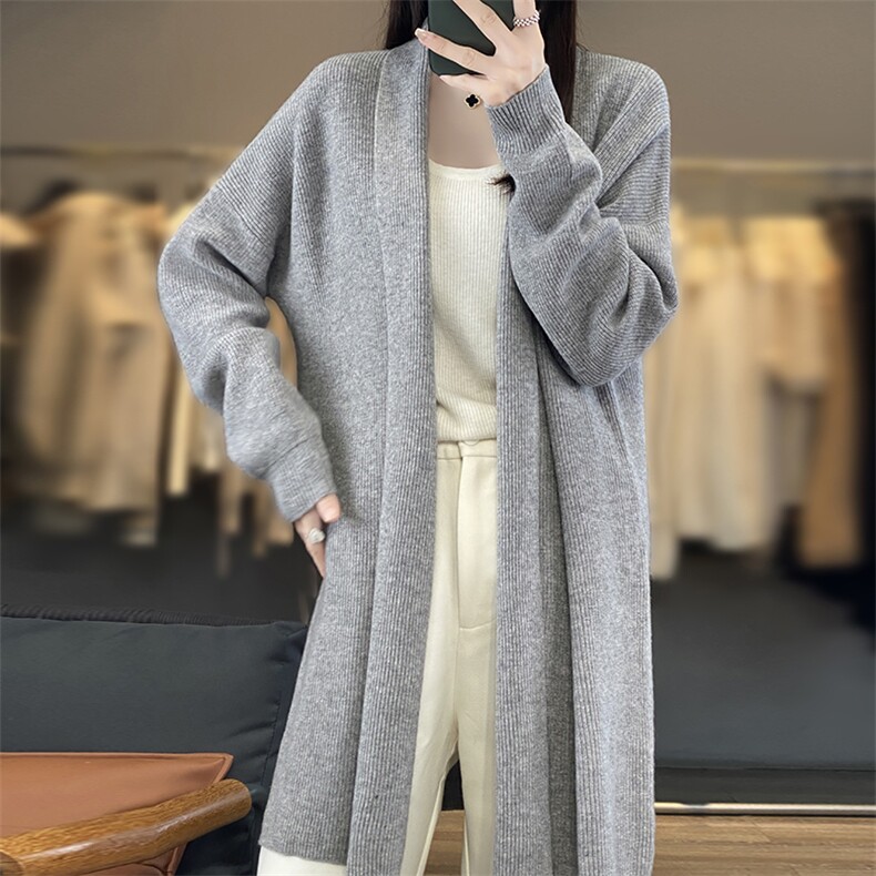 V领中长款100%羊毛开衫大衣女25秋冬宽松慵懒羊绒衫针织毛衣外套,女装羊毛衫,优麦羊绒（原洪叶羊绒）