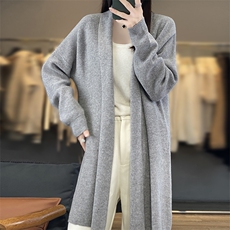 V领中长款100%羊毛开衫大衣女25秋冬宽松慵懒羊绒衫针织毛衣外套，女装羊毛衫，优麦羊绒（原洪叶羊绒）