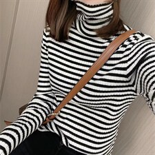 高领毛衣打底衫女秋冬新款韩版修身内搭洋气条纹拼色堆堆领针织衫，女装针织衫/毛衣，潮品会