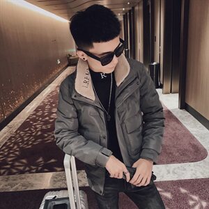 pu皮羽绒服社会ins毛领刺绣立领潮男冬季保暖外套C301B-YR01图片