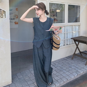 高级感西装马甲阔腿裤套装女2025夏季新款韩版宽松休闲显瘦两件套图片