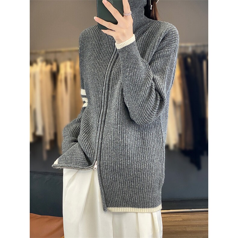 立领拉链针织开衫女秋冬新款宽松显瘦纯色羊毛外套,女装羊毛衫,佑昭祥羊绒