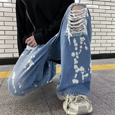 美式街头印花牛仔裤男秋季风宽松百搭设计感拖地阔腿裤子NE0063，男装牛仔裤，星座1116A-1（原606A）