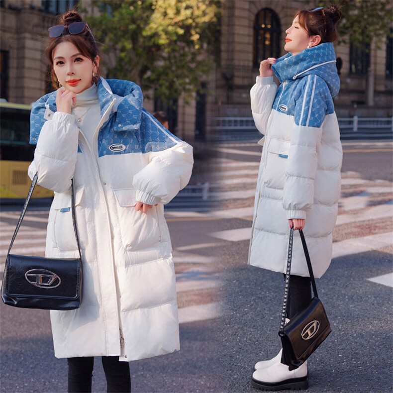 【现货放心推】2024新款冬装撞色拼接连帽中长款羽绒服90白鸭绒，女装羽绒服，雅静靓衣