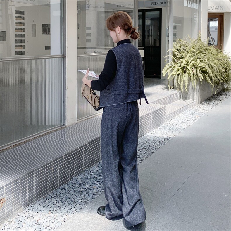 藏青色休闲时尚套装女秋季2025新款一整套穿搭马甲阔腿裤三件套,女装套装/套裙,2C056