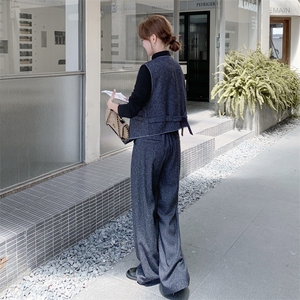 藏青色休闲时尚套装女秋季2025新款一整套穿搭马甲阔腿裤三件套图片