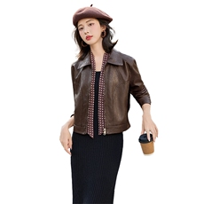 2025海宁秋款皮衣外套女长袖短外套女秋立体小翻领夹克上衣送丝巾，女装皮衣，跑量工厂店