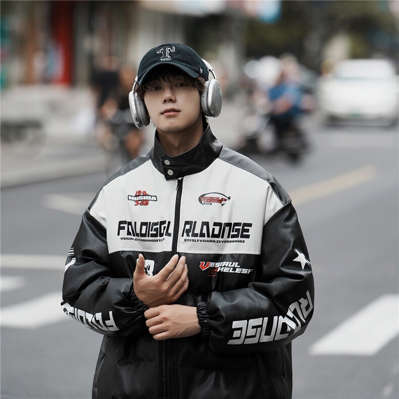 M6615-P128168冬季机车棉服潮流反光条宽松皮衣休闲外套男潮,男装皮衣,星座307A