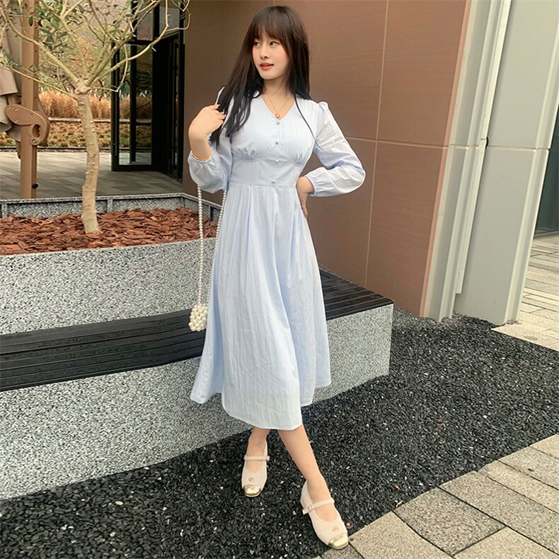 现货2024年春季新款女时尚淑女V领修身网红中长款连衣裙图片