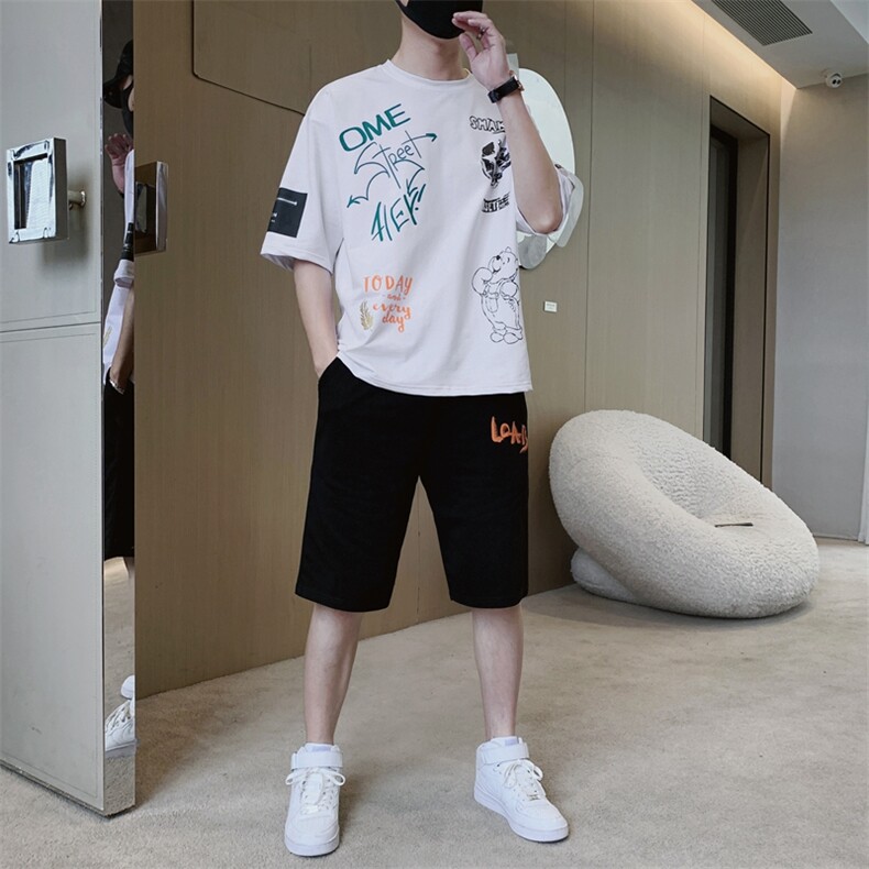 2024夏季休闲T恤套装男装短袖时尚潮流青少年两件套F307P58,男装休闲套装,电商A086