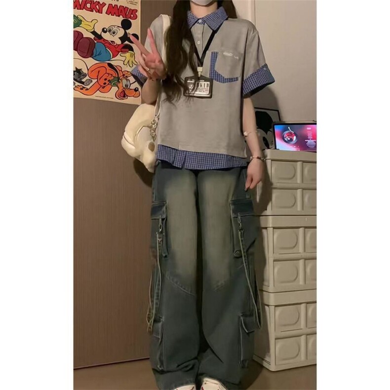 H1059-p35POLO领情侣体恤假两件格子衬衫短袖,男装T恤,星座617A-2