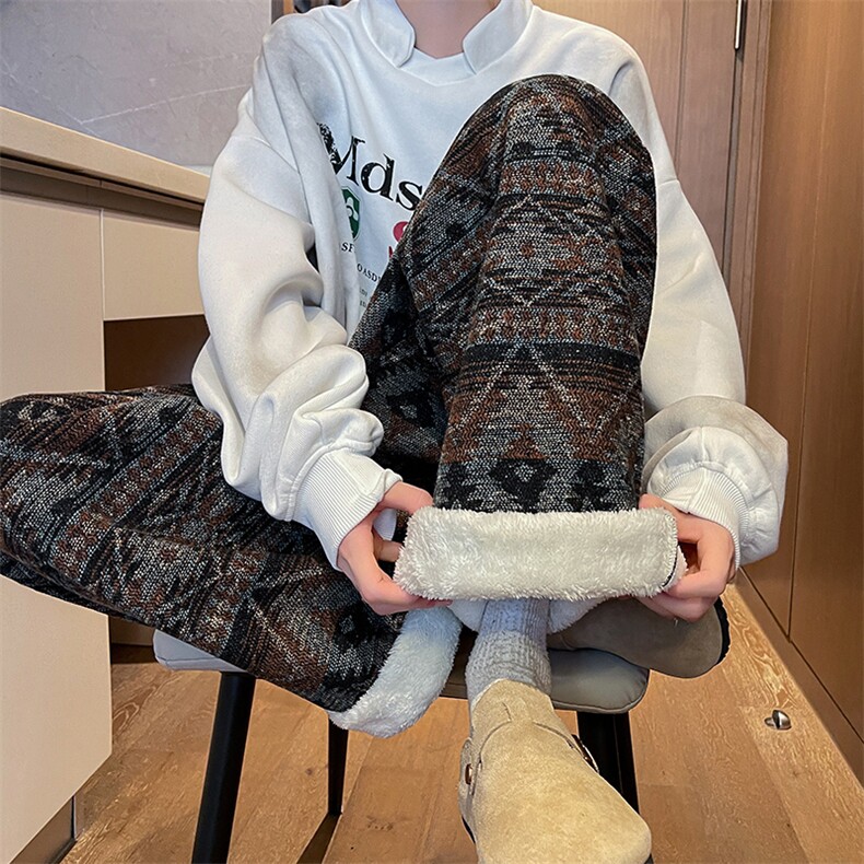 8XL-M羊羔绒裤子男冬季加绒加厚民族风重磅针织棉裤大码KZ023P78图片