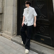 (自家图）小众金属扣垫肩设计T恤短袖白衬衫男女开衫2304-P45，男装T恤，星座910-5