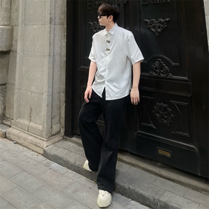 (自家图）小众金属扣垫肩设计T恤短袖白衬衫男女开衫2304-P45图片