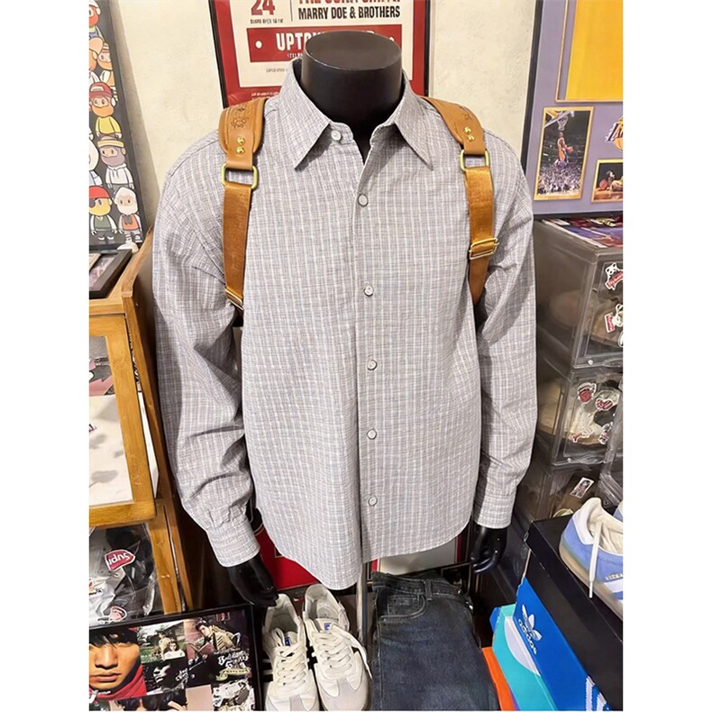 美式潮牌高街复古细格子日系肌理感长袖衬衫外套男女休闲宽松衬衣，男装衬衫，电商A443
