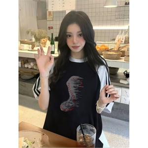 抖音得物品质二开240克宽松纯棉美式潮牌插肩三杠织带短袖T恤图片