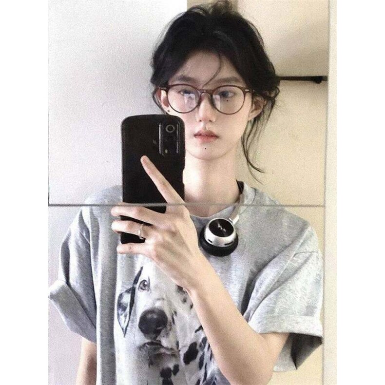 T0688-P25灰白色高级感斑点狗卡通纯棉短袖情侣宽松大版,男装T恤,星座617A-2