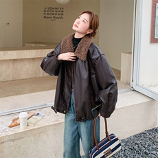 黑色短款PU皮衣外套女秋季美式痞帅机车夹克oversize翻领棒球服，女装皮衣，2C217