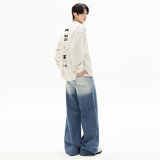 嘻哈美式渐变宽松阔腿格子裤男女潮牌vibe设计感牛仔裤YD9086-P80，男装牛仔裤，星座509