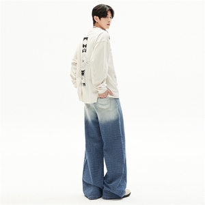 嘻哈美式渐变宽松阔腿格子裤男女潮牌vibe设计感牛仔裤YD9086-P80图片