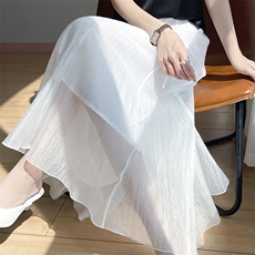 高级感2025新款高腰小个子珠光纱裙百褶裙网纱中长款半身裙长裙，女装半身裙，圣丽羊绒