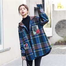 大码宽松微胖MM呢子外套2025秋装新款开衫连帽格子衬衫加厚衬衣冬,女装毛呢外套,意芙