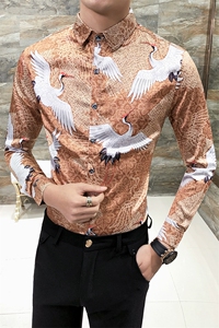 2021春款男个性数码印花衬衫英伦风修身夜店工作服长袖W313图片