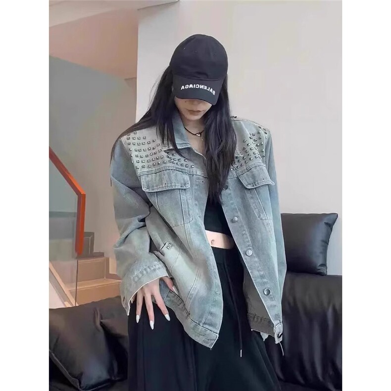 高街辣妹美式复古重工铆钉牛仔外套女春秋季宽松上衣LJK86444-P70,男装工装外套,星座1008
