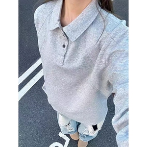 抖音得物高品质美式高街重磅曼巴棉结构螺纹拼接翻领卫衣长袖T恤图片