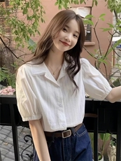 韩系温柔短袖衬衫蕾丝花边宽松白色衬衫，女装衬衫，湘姗