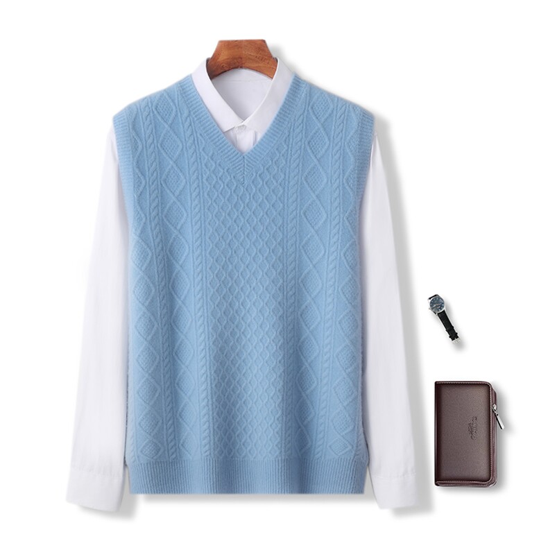 时尚百搭男士V领毛衣背心秋季新款舒适保暖针织马甲简约大气，男装背心/马甲，牧圣羊绒