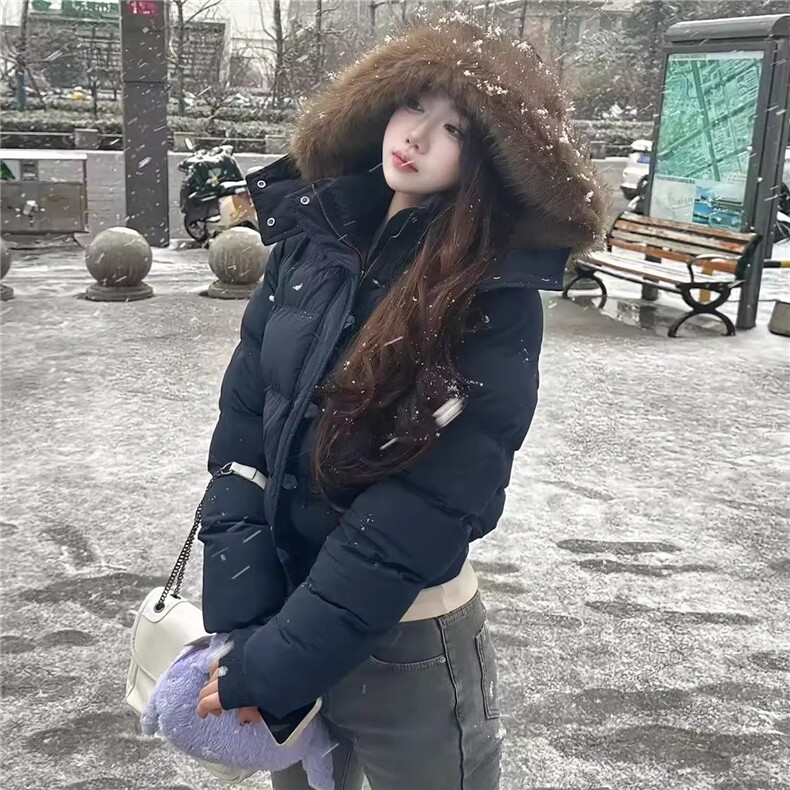 南区菲奥娜藏青大毛领羽绒棉服女2025冬季新款短款小个子棉衣棉袄,男装棉衣,星座506A