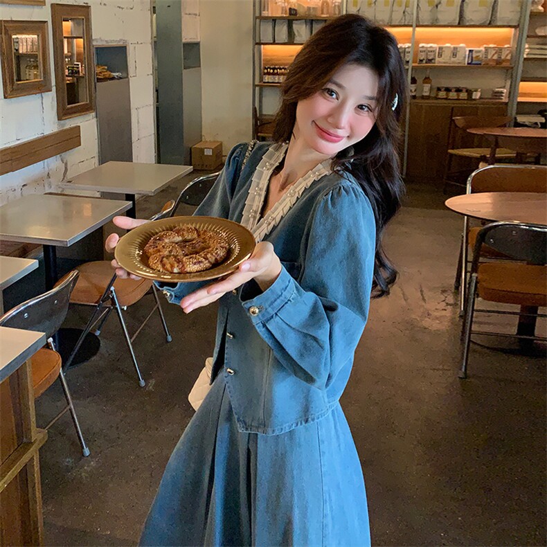 法式蕾丝花边拼接牛仔套装裙女2025春季新款气质温柔风百搭两件套图片